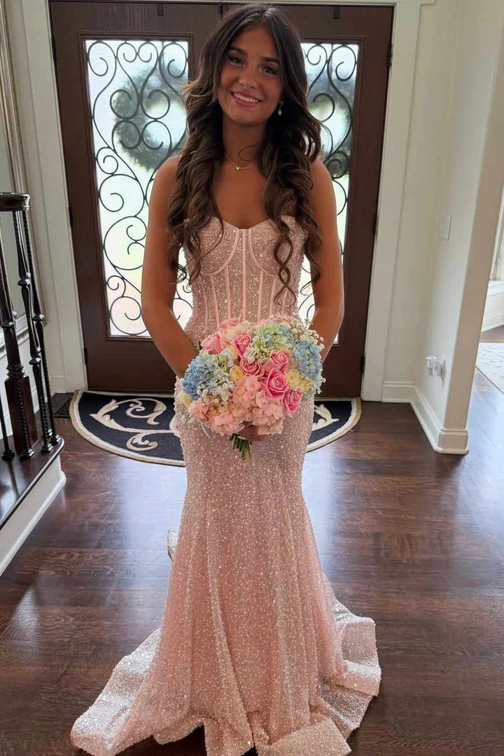 Lumidress Sparkling Pink Strapless Sweetheart Mermaid Prom Dress with Train