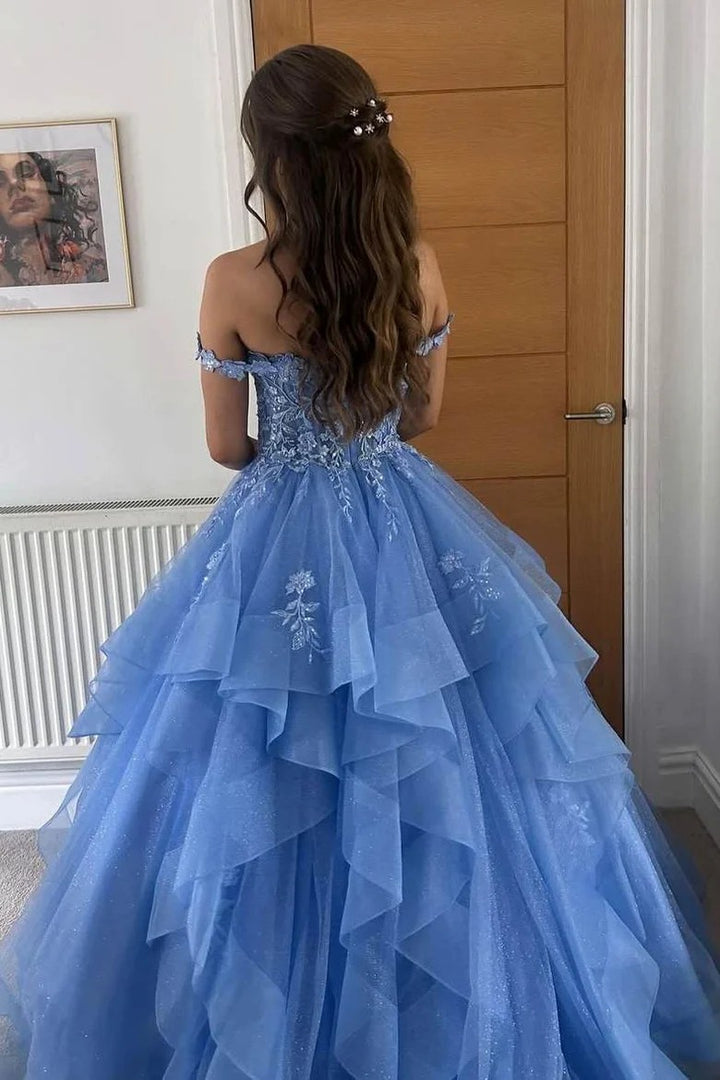 Lumidress Romantic Off-Shoulder Sweetheart Prom Gown with Lace Appliques and Ruffles