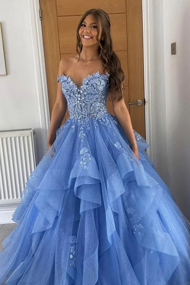 Lumidress Romantic Off-Shoulder Sweetheart Prom Gown with Lace Appliques and Ruffles