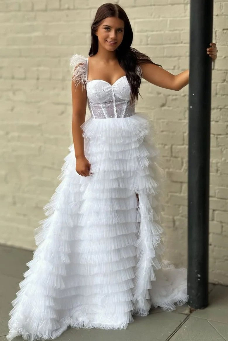 Lumidress Feather-Strap Sweetheart Tiered Tulle Evening Gown