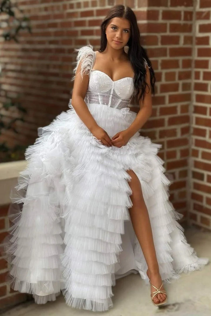 Lumidress Feather-Strap Sweetheart Tiered Tulle Evening Gown