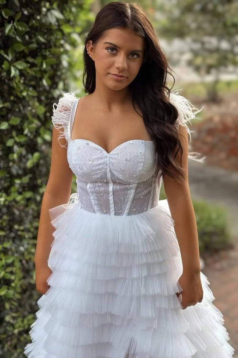 Lumidress Feather-Strap Sweetheart Tiered Tulle Evening Gown
