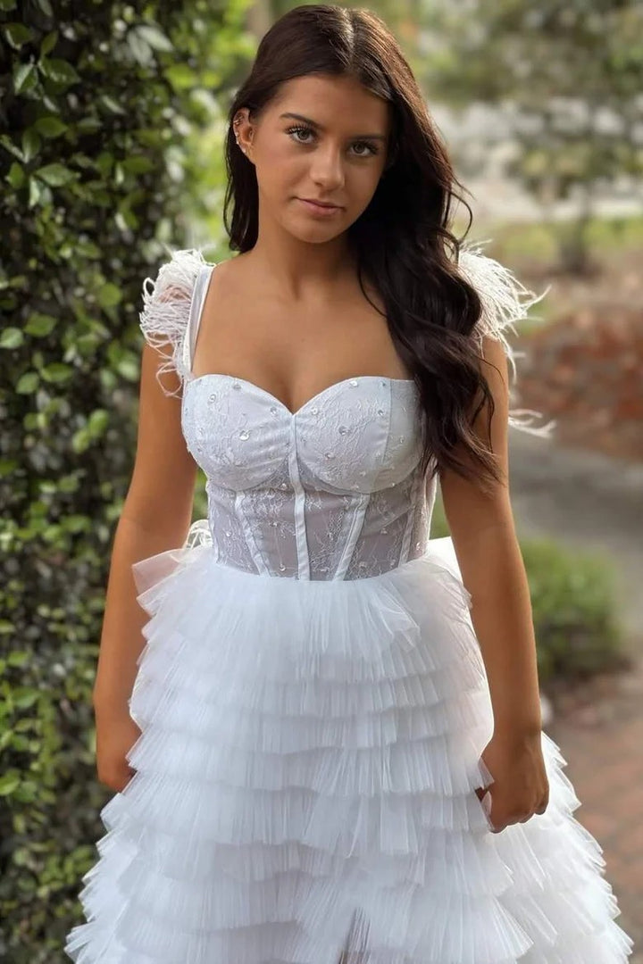 Lumidress Feather-Strap Sweetheart Tiered Tulle Evening Gown