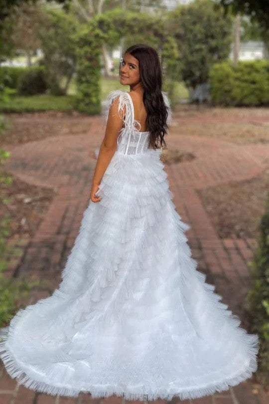Lumidress Feather-Strap Sweetheart Tiered Tulle Evening Gown