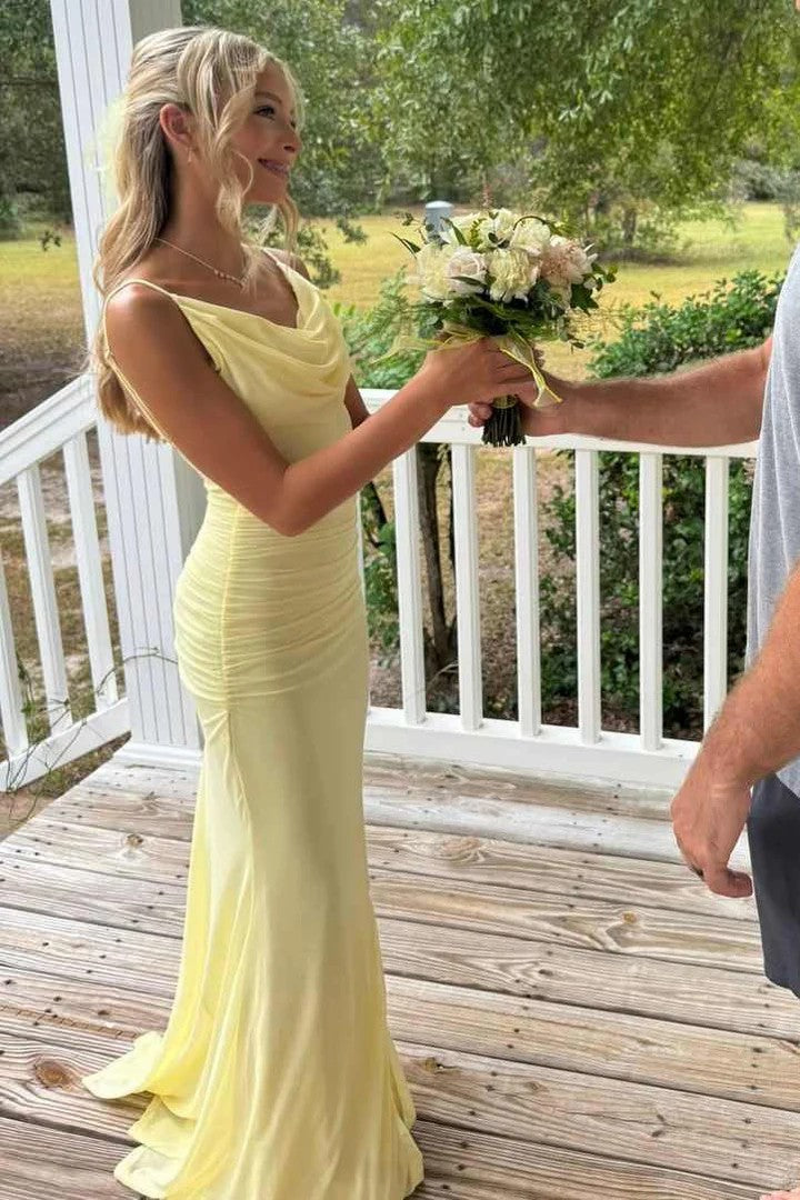 Lumidress Elegant Yellow Spaghetti Strap Pleated Mermaid Prom Dress