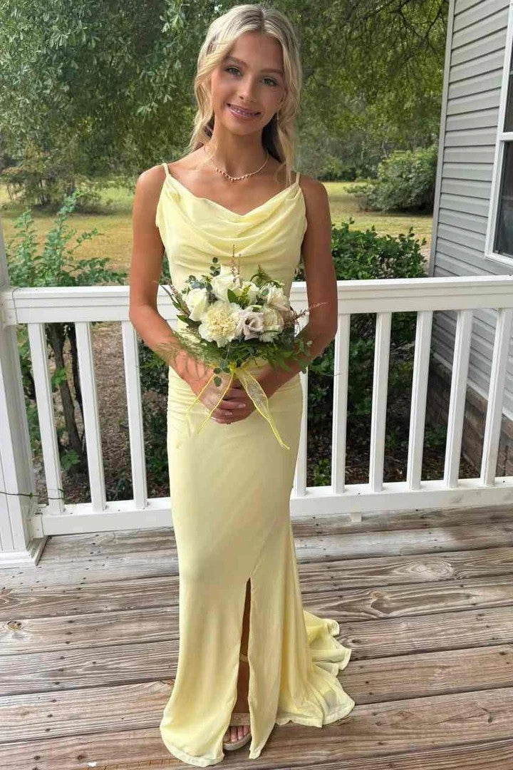 Lumidress Elegant Yellow Spaghetti Strap Pleated Mermaid Prom Dress