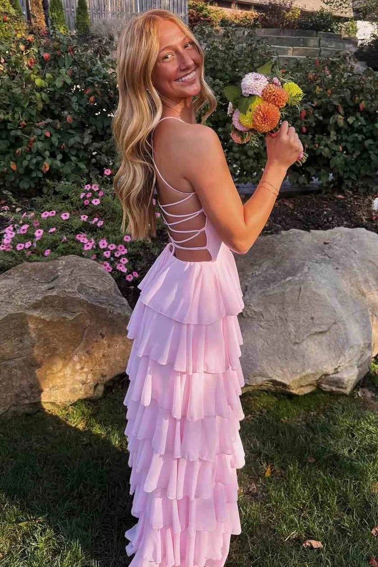 Lumidress Elegant Pink Spaghetti-Strap Chiffon Ruffled Long Prom Dress with Slit