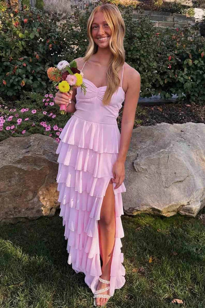 Lumidress Elegant Pink Spaghetti-Strap Chiffon Ruffled Long Prom Dress with Slit