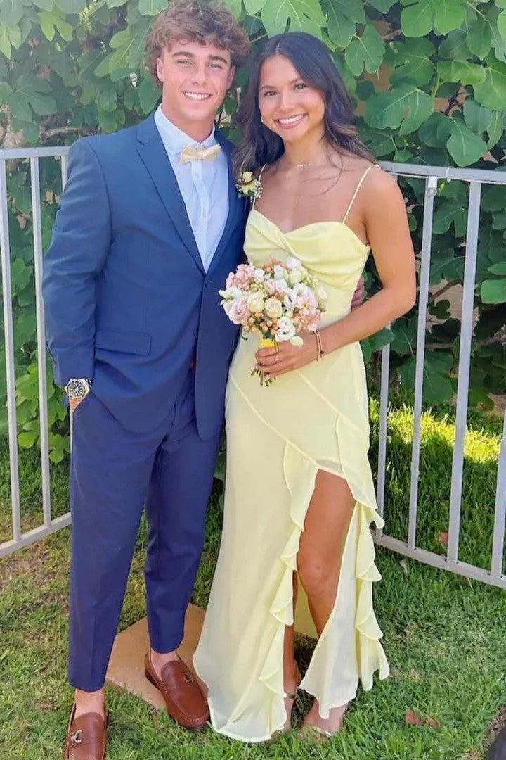 Lumidress Romantic Yellow Sweetheart Neck Sleeveless Ruffled Prom Dress with Slit