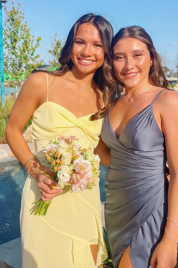 Lumidress Romantic Yellow Sweetheart Neck Sleeveless Ruffled Prom Dress with Slit