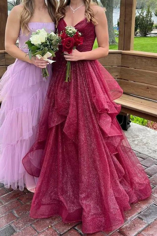 Lumidress Elegant Burgundy A-Line Layered Ruffle Glitter Tulle Long Prom Dress