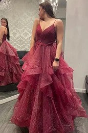 Lumidress Elegant Burgundy A-Line Layered Ruffle Glitter Tulle Long Prom Dress