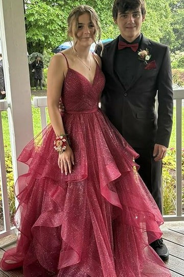 Lumidress Elegant Burgundy A-Line Layered Ruffle Glitter Tulle Long Prom Dress