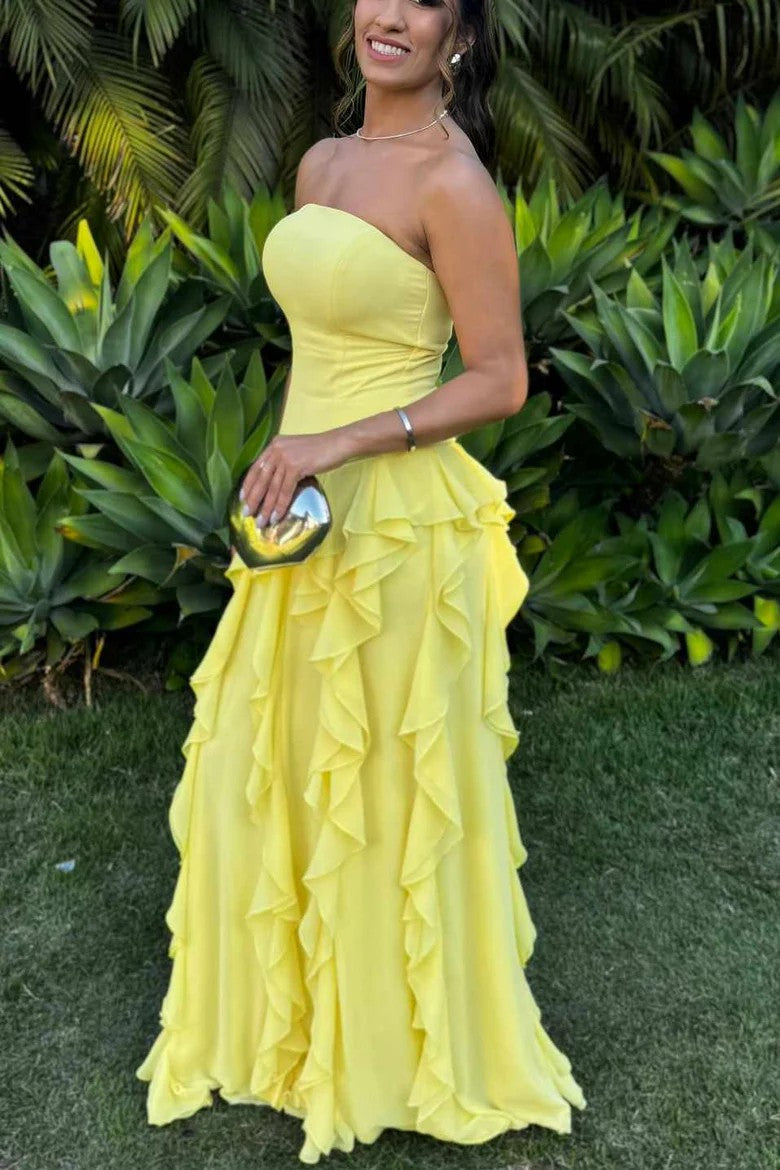 Lumidress Elegant Yellow Strapless Tiered Ruffle Chiffon Evening Gown