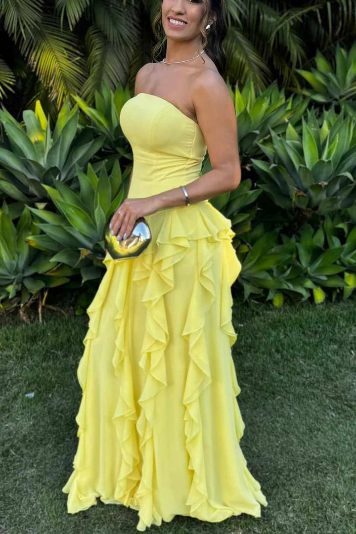 Lumidress Elegant Yellow Strapless Tiered Ruffle Chiffon Evening Gown