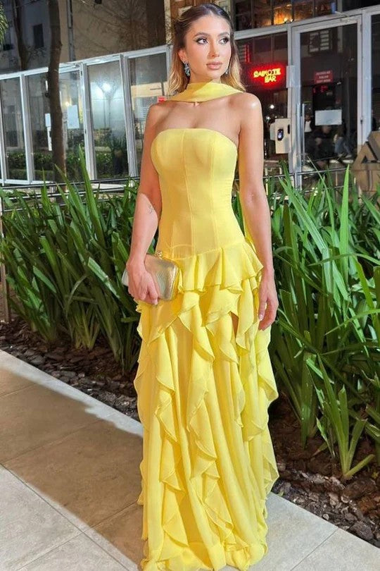 Lumidress Elegant Yellow Strapless Tiered Ruffle Chiffon Evening Gown
