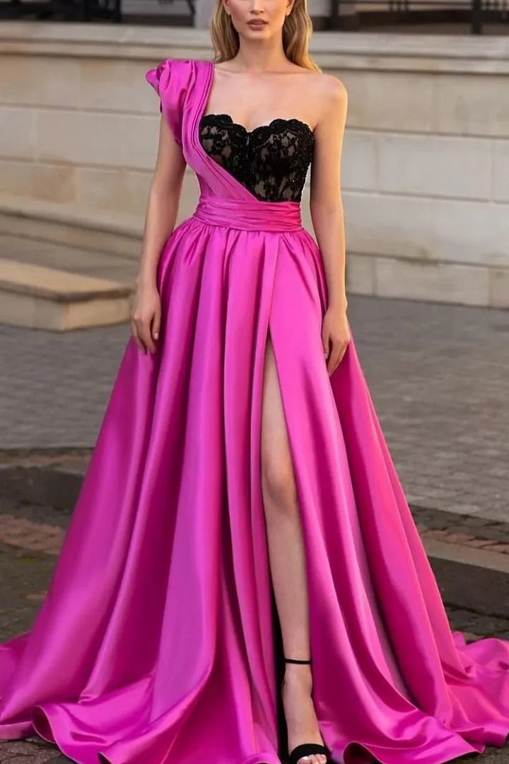 Lumidress One-Shoulder Satin Ball-Gown with Black Lace Bodice and High Slit