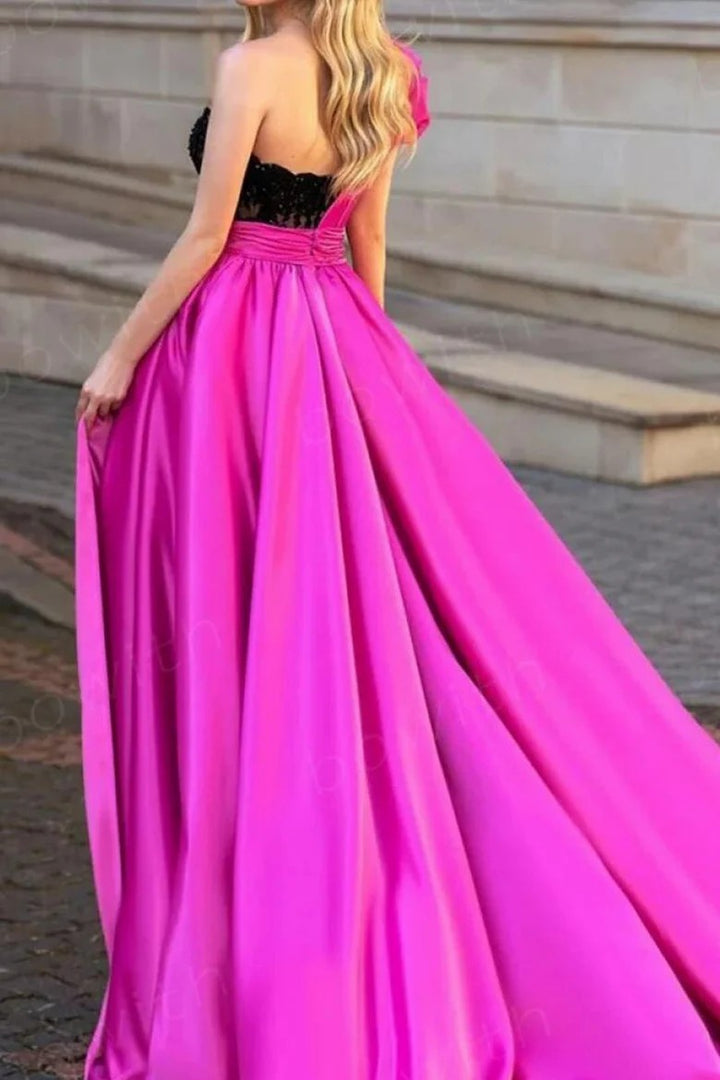 Lumidress One-Shoulder Satin Ball-Gown with Black Lace Bodice and High Slit