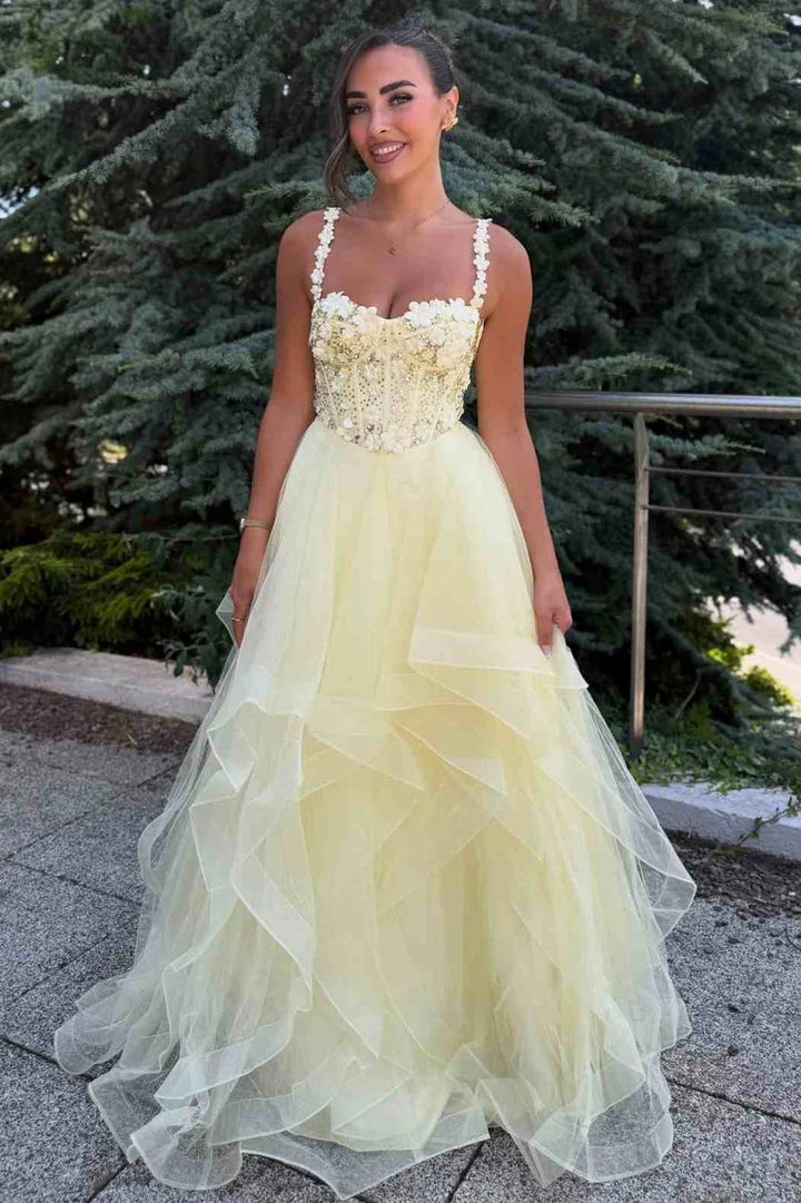 Lumidress Yellow A-Line Empire-Waist Sweetheart Prom Dress with Ruffled Details