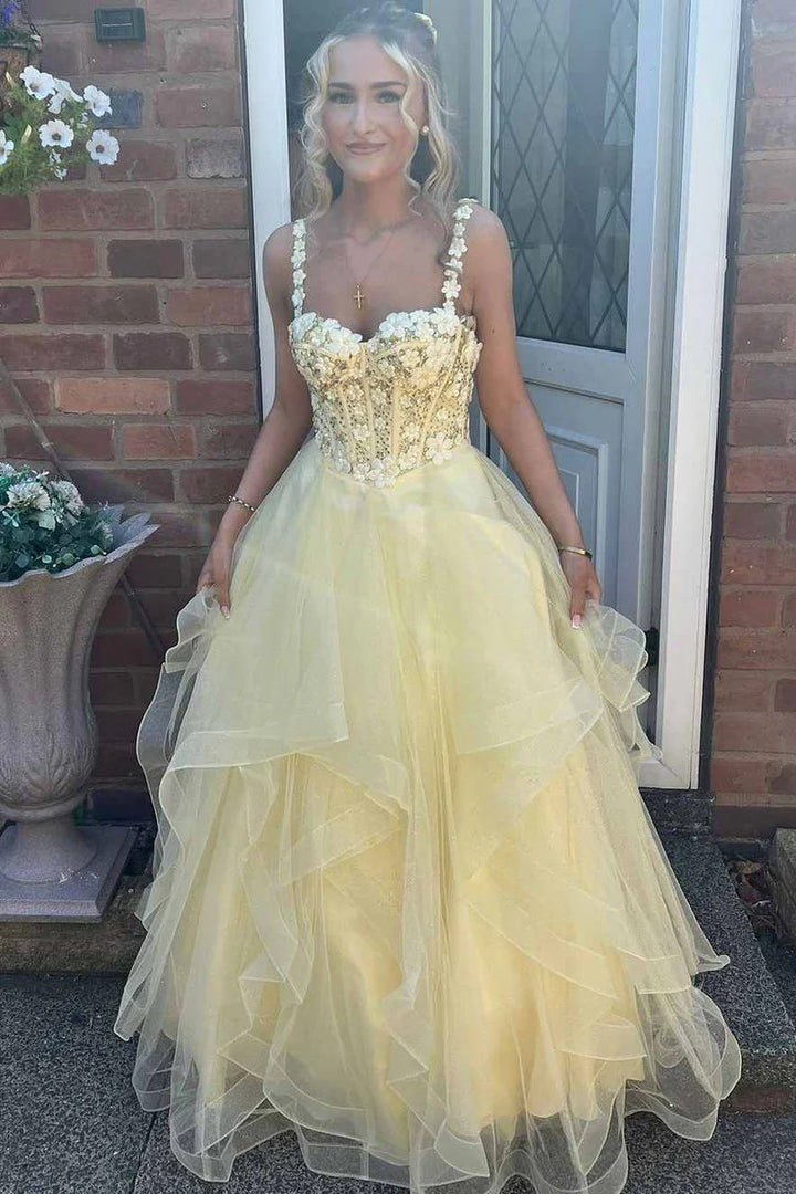 Lumidress Yellow A-Line Empire-Waist Sweetheart Prom Dress with Ruffled Details