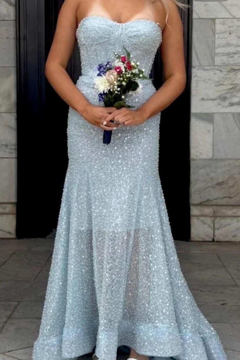 Lumidress Blue Glitter Strapless Sweetheart Mermaid Prom Party Dress