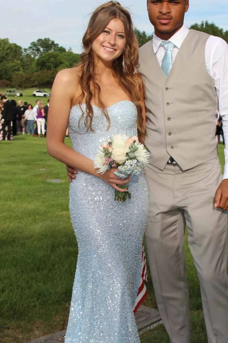 Lumidress Blue Glitter Strapless Sweetheart Mermaid Prom Party Dress
