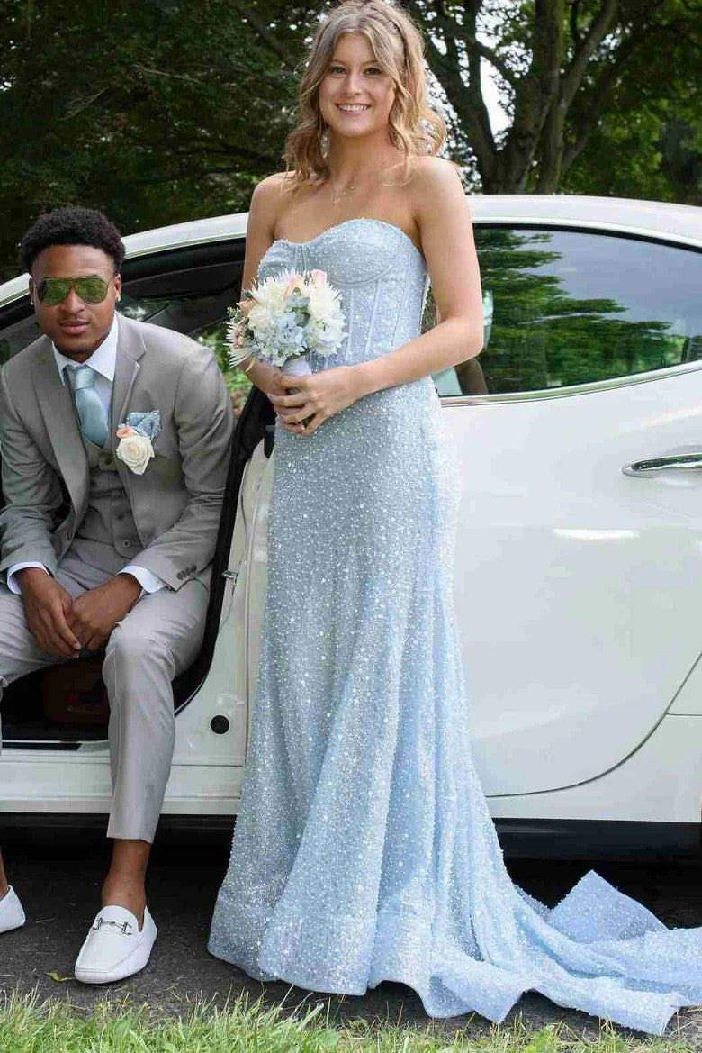 Lumidress Blue Glitter Strapless Sweetheart Mermaid Prom Party Dress