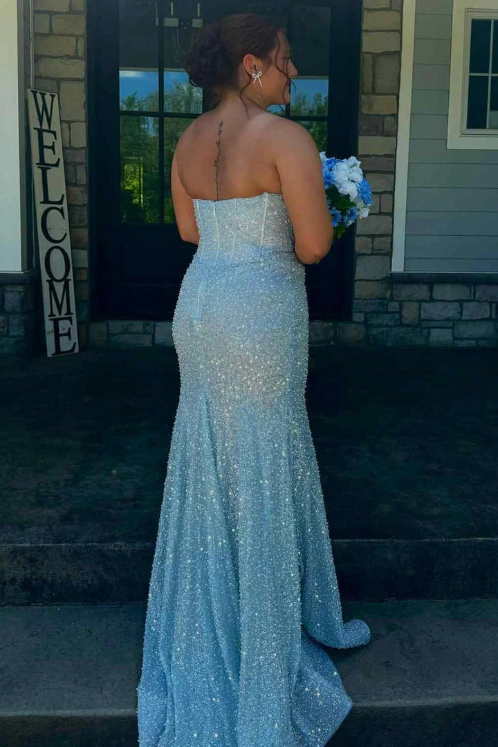 Lumidress Blue Glitter Strapless Sweetheart Mermaid Prom Party Dress