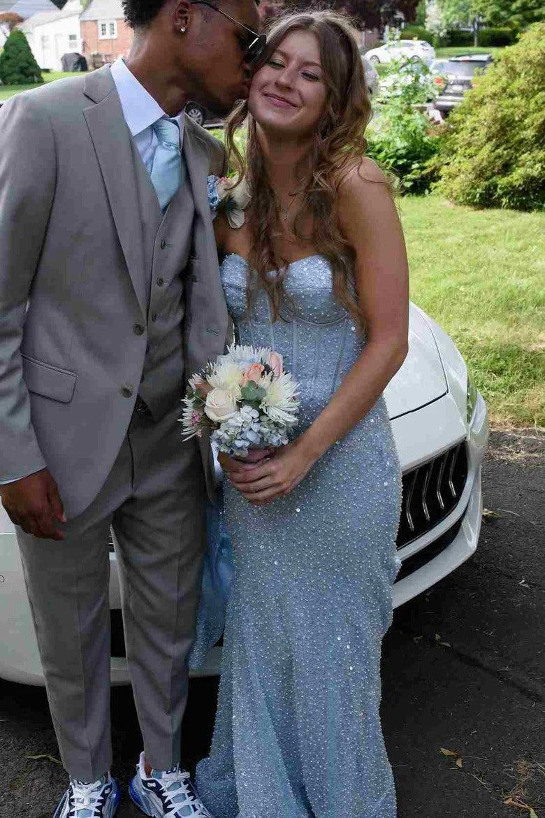 Lumidress Blue Glitter Strapless Sweetheart Mermaid Prom Party Dress