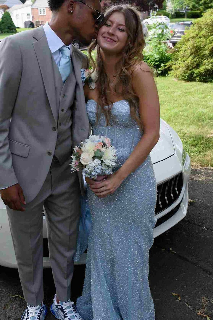 Lumidress Blue Glitter Strapless Sweetheart Mermaid Prom Party Dress