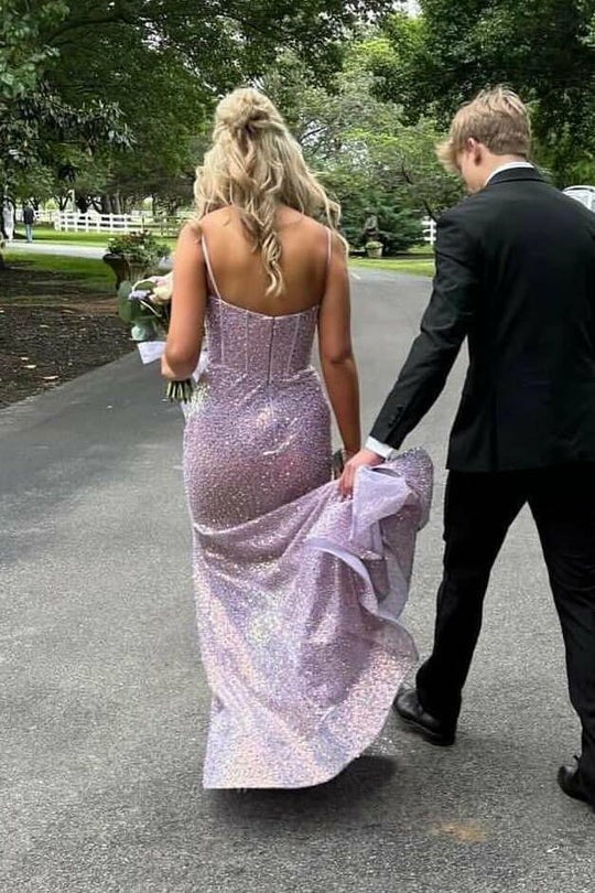 Lumidress Lilac Spaghetti-Strap V-Neck Glitter Sequin Mermaid Prom Dress