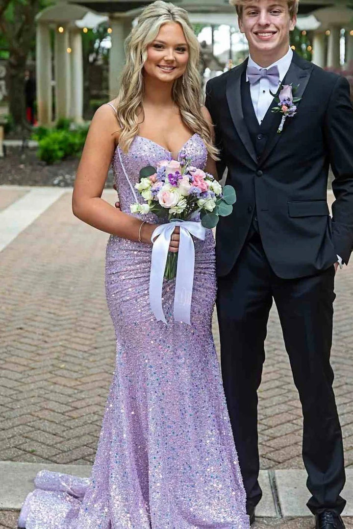 Lumidress Lilac Spaghetti-Strap V-Neck Glitter Sequin Mermaid Prom Dress