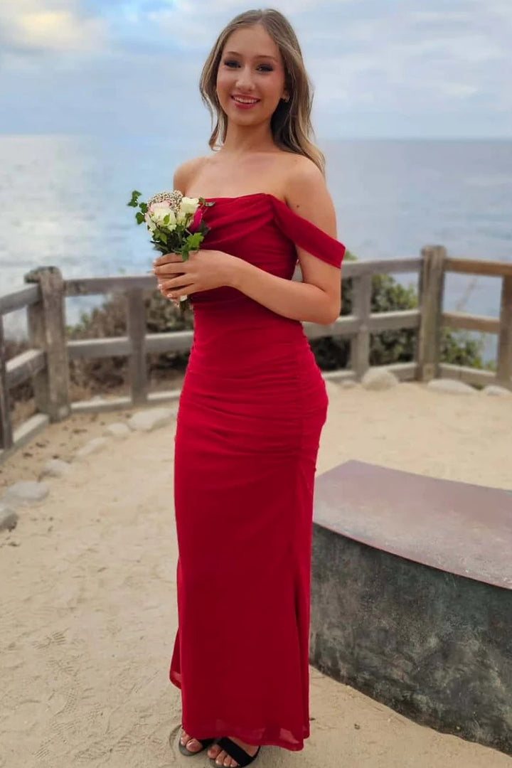 Lumidress Elegant Red Off-the-Shoulder Ruched Chiffon Evening Gown