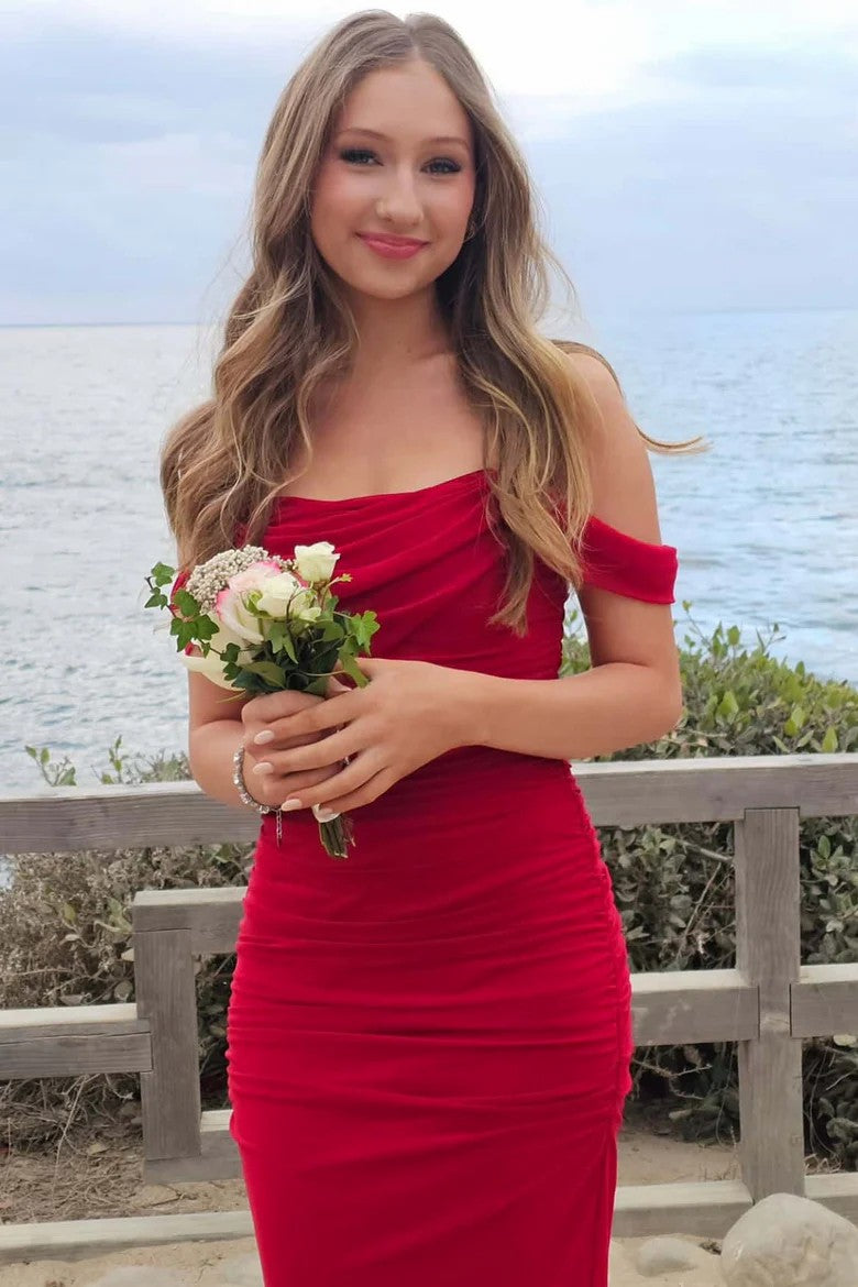 Lumidress Elegant Red Off-the-Shoulder Ruched Chiffon Evening Gown