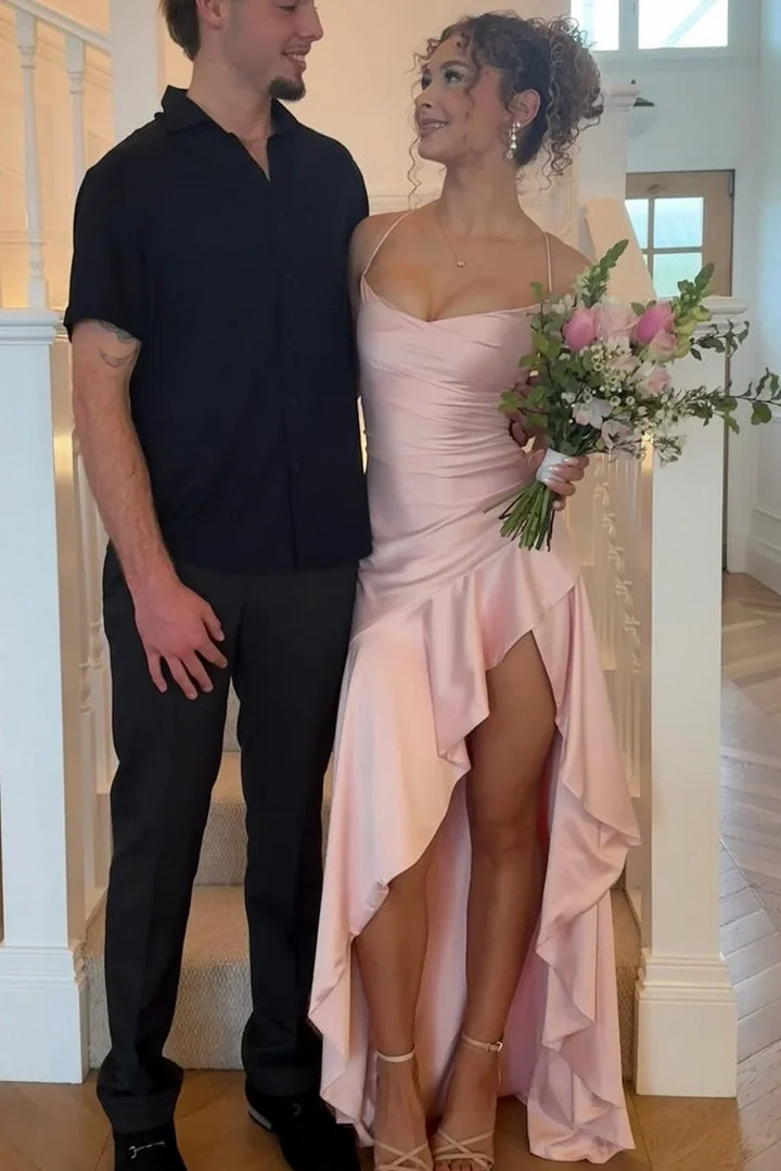 Lumidress Romantic Blush Satin Spaghetti Straps Backless High-Low Prom Dress