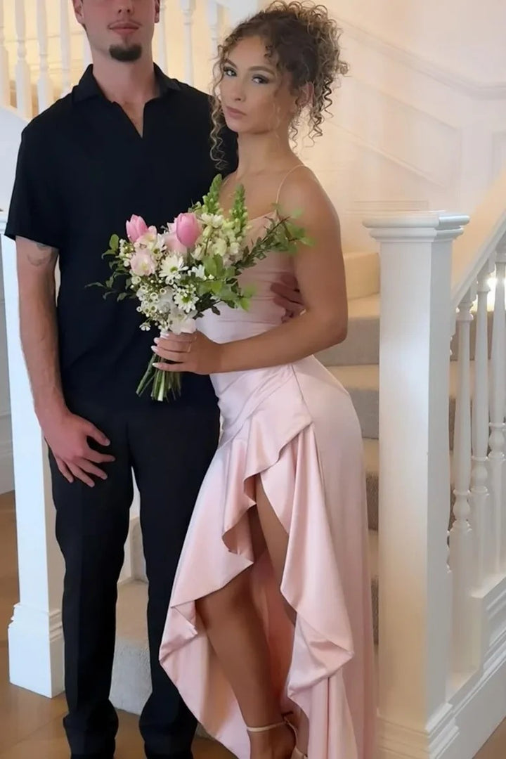 Lumidress Romantic Blush Satin Spaghetti Straps Backless High-Low Prom Dress