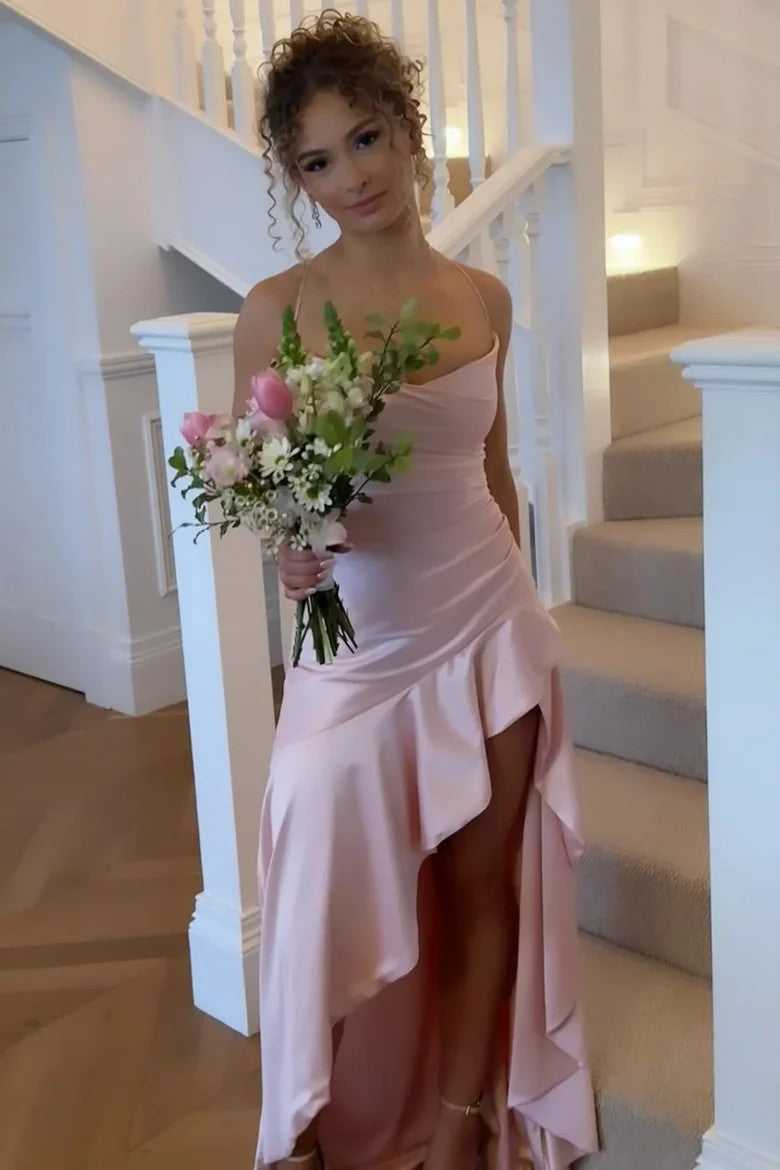 Lumidress Romantic Blush Satin Spaghetti Straps Backless High-Low Prom Dress