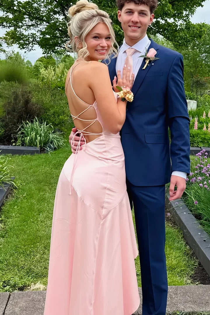 Lumidress Romantic Blush Satin Spaghetti Straps Backless High-Low Prom Dress