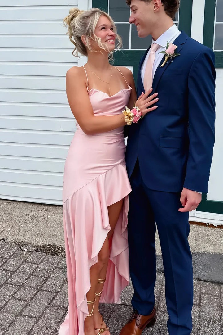 Lumidress Romantic Blush Satin Spaghetti Straps Backless High-Low Prom Dress