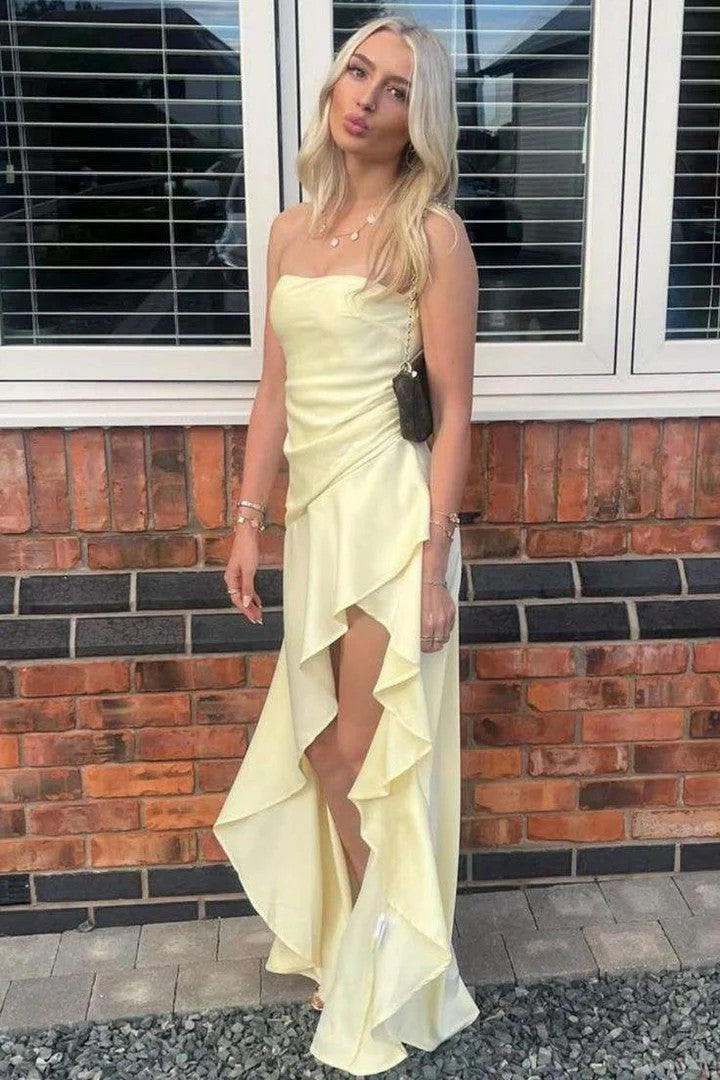 Lumidress Elegant Yellow Strapless Ruffled High-Low Long Evening Dress