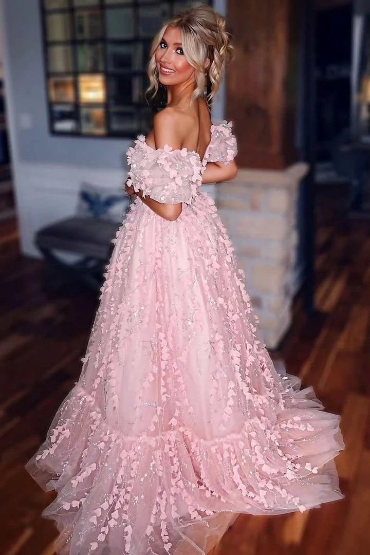 Lumidress Blush Off-Shoulder 3D Floral Ball-Gown with Sheer Corset Bodice