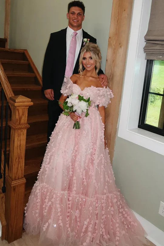 Lumidress Blush Off-Shoulder 3D Floral Ball-Gown with Sheer Corset Bodice