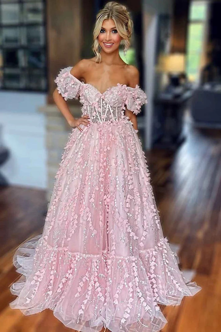 Lumidress Blush Off-Shoulder 3D Floral Ball-Gown with Sheer Corset Bodice