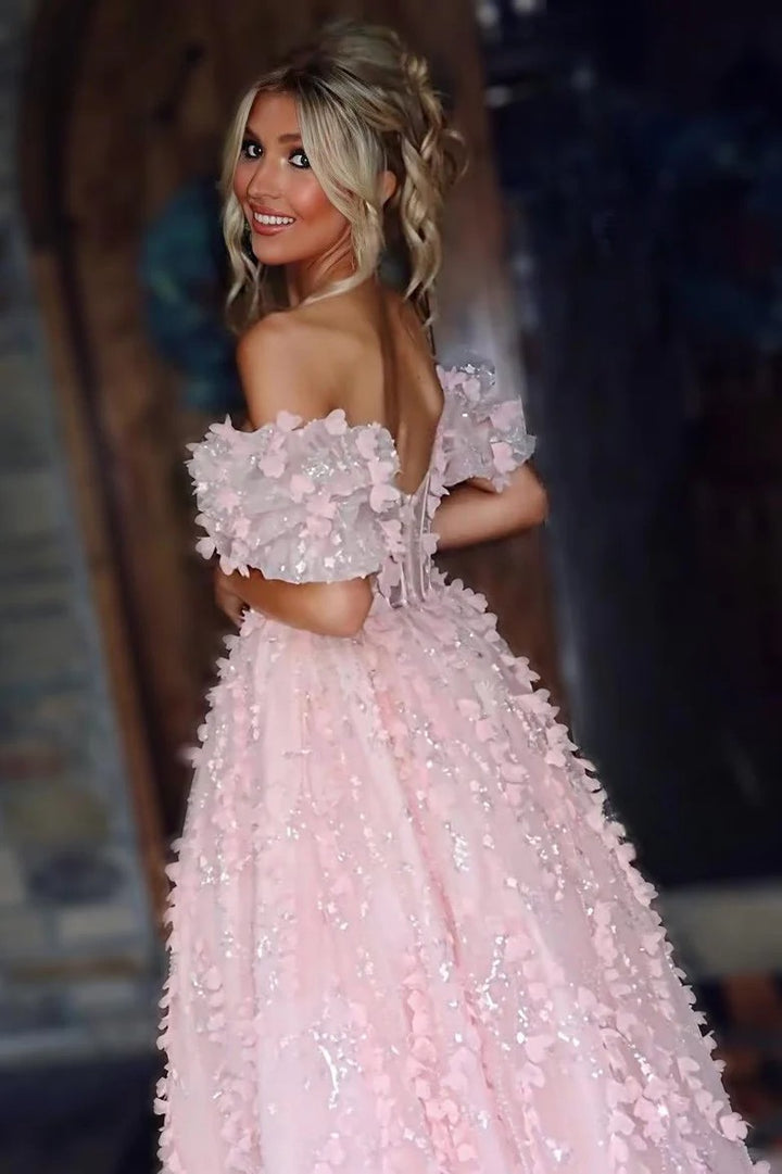 Lumidress Blush Off-Shoulder 3D Floral Ball-Gown with Sheer Corset Bodice