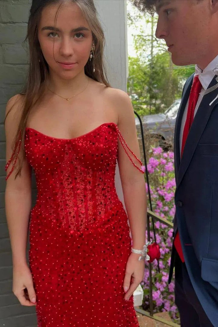 Lumidress Stunning Off-the-Shoulder Sequin Glitter Long Prom Dress