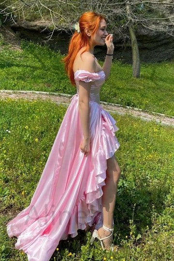 Lumidress Pink Off-Shoulder Satin High-Low Gown with Ruffled Hem