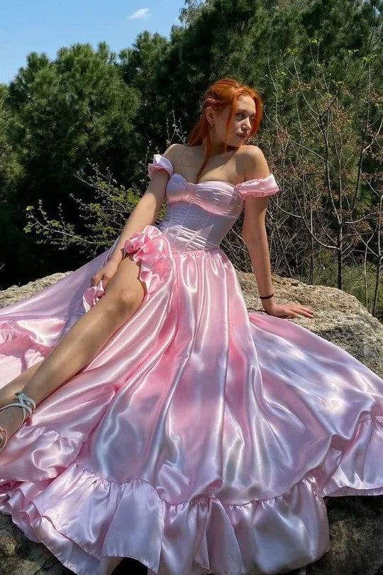 Lumidress Pink Off-Shoulder Satin High-Low Gown with Ruffled Hem
