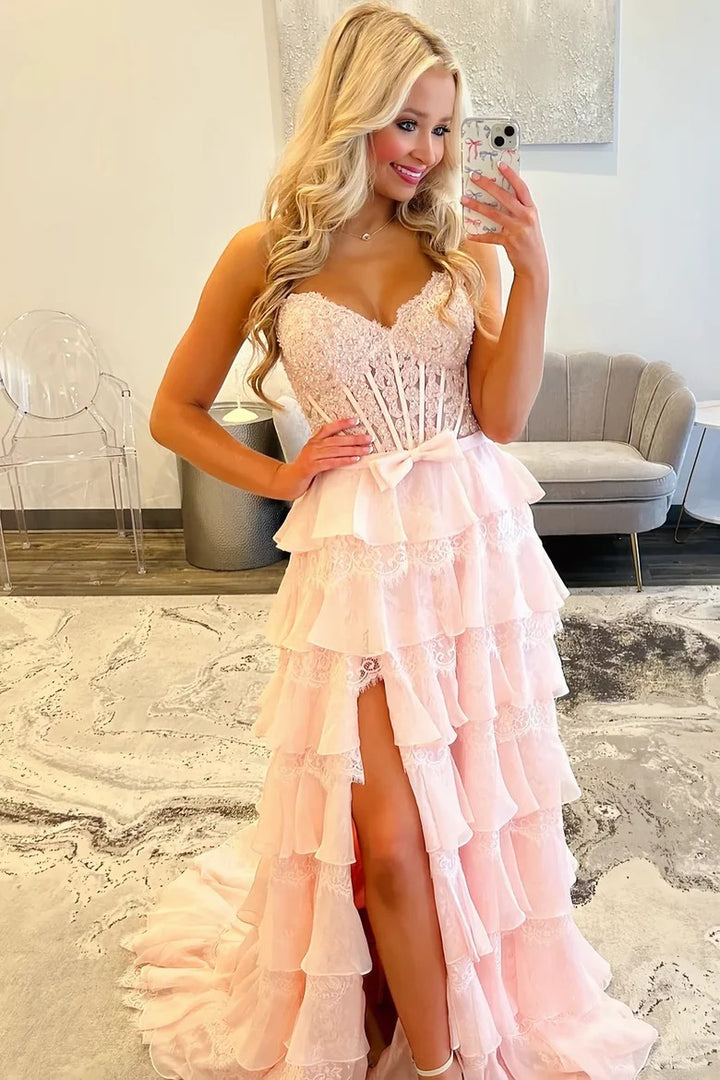 Lumidress Strapless Sweetheart A-Line Prom Dress with Ruffles &amp; Slit