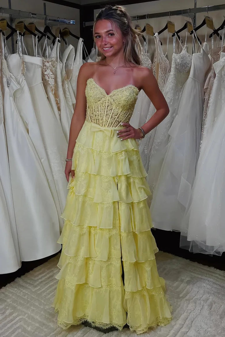 Lumidress Strapless Sweetheart A-Line Prom Dress with Ruffles &amp; Slit