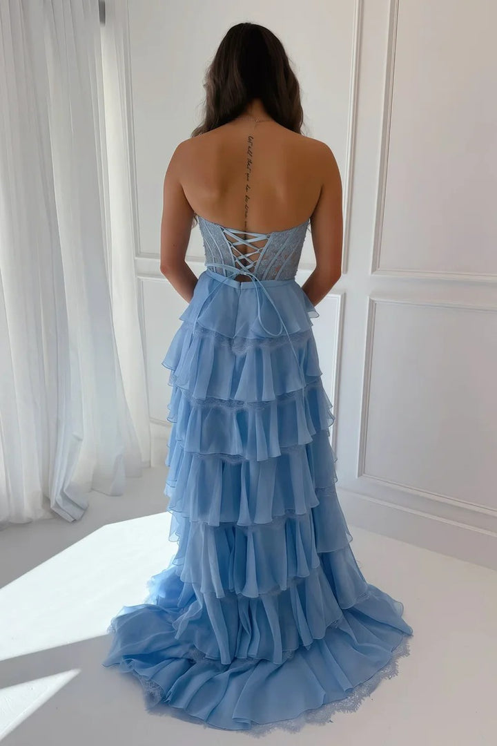 Lumidress Strapless Sweetheart A-Line Prom Dress with Ruffles &amp; Slit